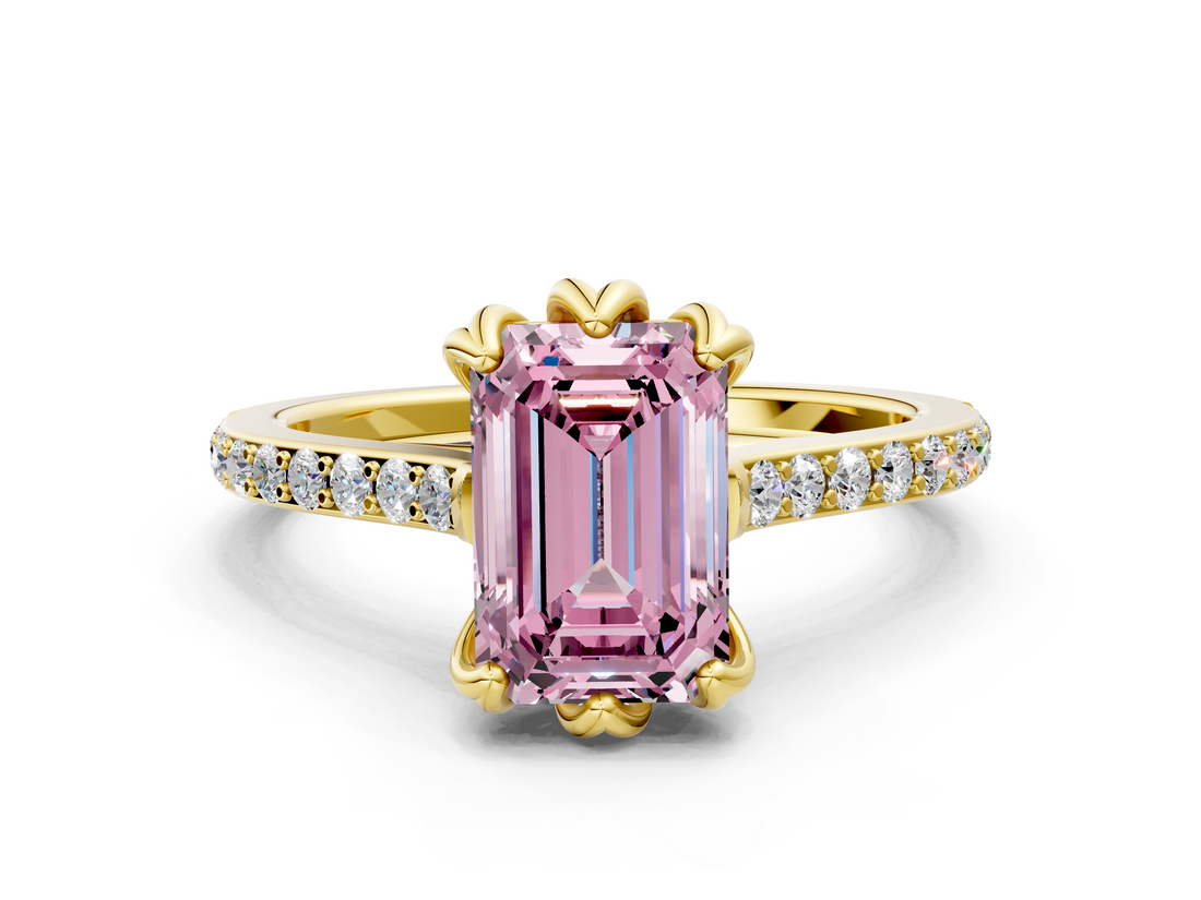 Yellow gold Fancy Pink Emerald  Solitaire Diamond Engagement Ring with Pave Band and Six-Prong Setting_20