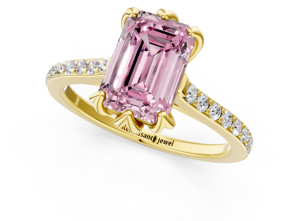 Yellow gold Fancy Pink Emerald  Solitaire Diamond Engagement Ring with Pave Band and Six-Prong Setting