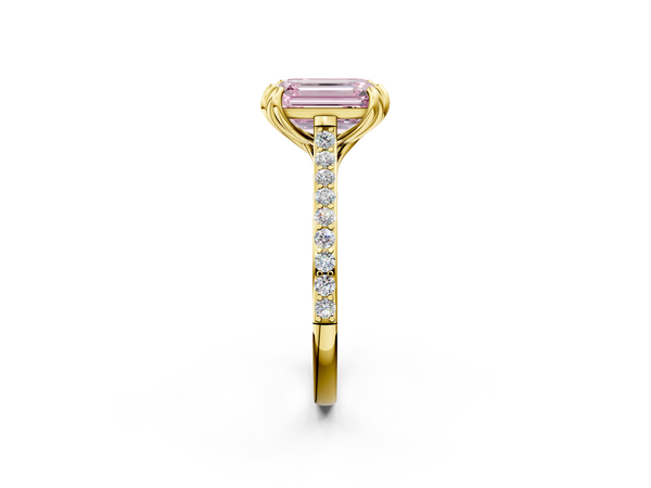 Yellow gold Fancy Pink Emerald  Solitaire Diamond Engagement Ring with Pave Band and Six-Prong Setting