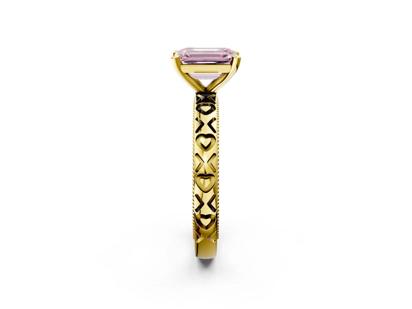 Yellow gold Fancy Pink Emerald  Solitaire Diamond Engagement Ring with XO Engraved Band and Four-Prong Setting