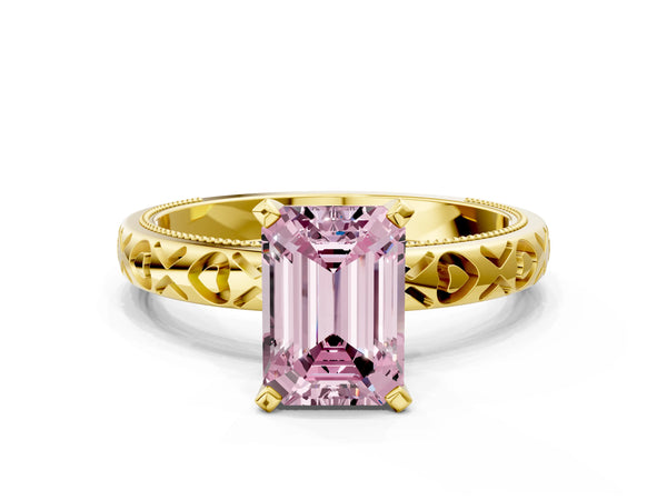 Yellow gold Fancy Pink Emerald  Solitaire Diamond Engagement Ring with XO Engraved Band and Four-Prong Setting