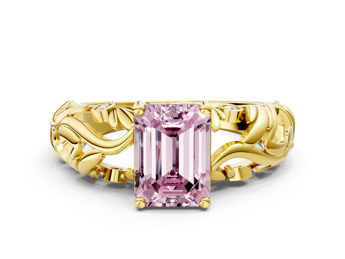Yellow gold Fancy Pink Emerald  Solitaire Diamond Leaf Vine Band with Prong Setting_42