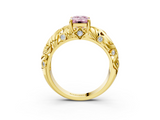 Yellow gold Fancy Pink Emerald  Solitaire Diamond Leaf Vine Band with Prong Setting_45