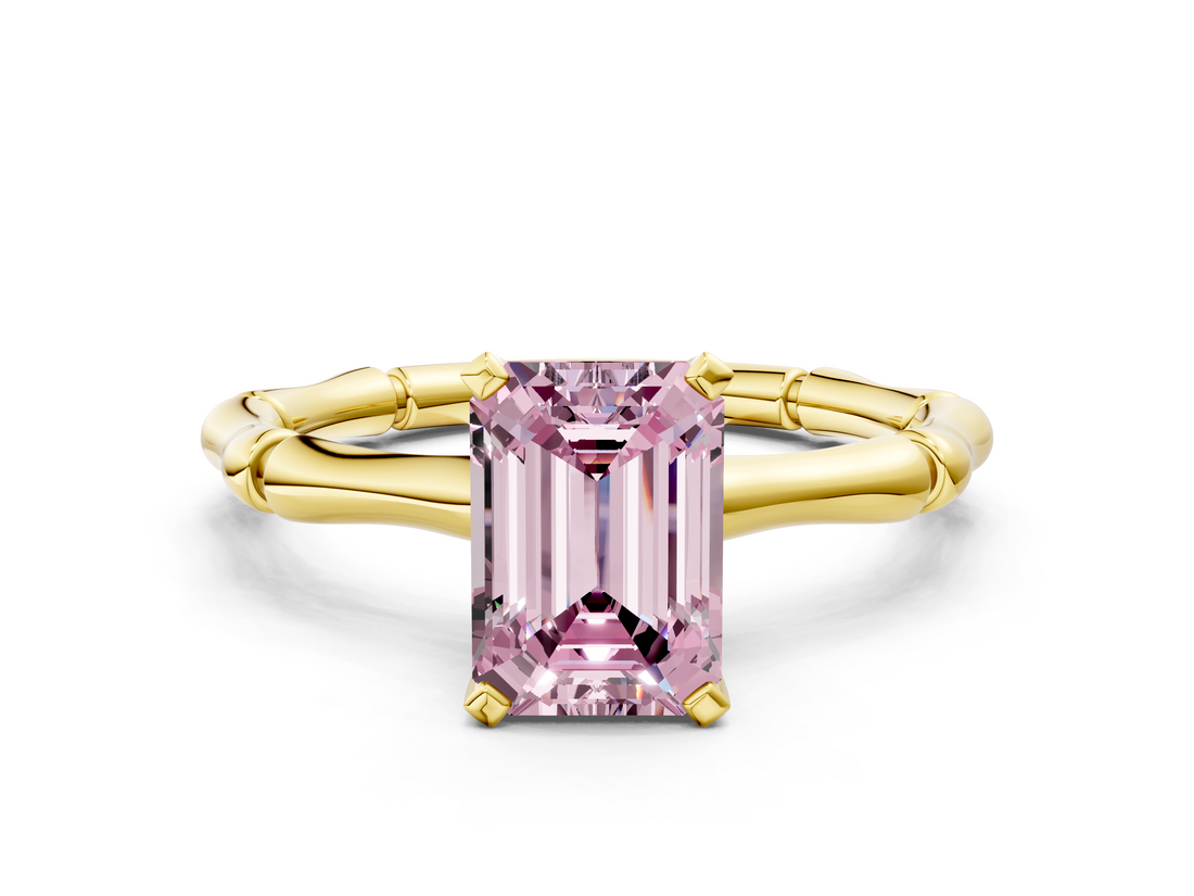 Yellow gold Fancy Pink Emerald  Solitaire Diamond Ring with Bamboo Band and Four-Prong Setting_51