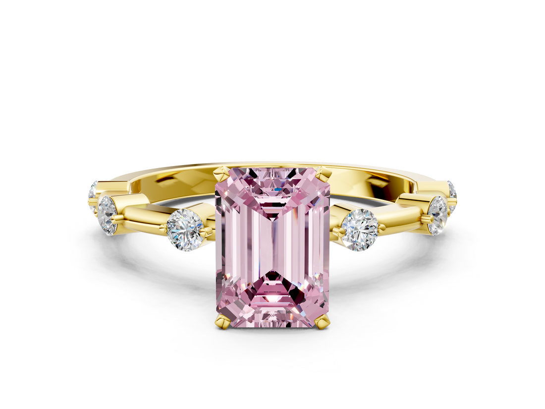 Yellow gold Fancy Pink Emerald  Solitaire Diamond Ring with Bezel Set Side Stones and Prong Setting_3