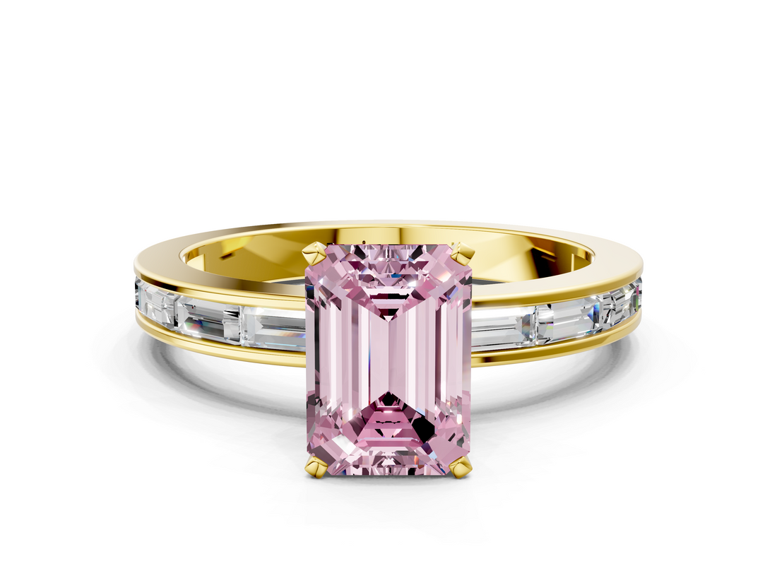 Yellow gold Fancy Pink Emerald  Solitaire Diamond Ring with Channel-Set Baguette Band and Four-Prong Setting_79
