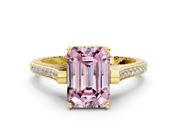 Yellow gold Fancy Pink Emerald  Solitaire Diamond Ring with Channel Set Band and Bezel Prong Setting