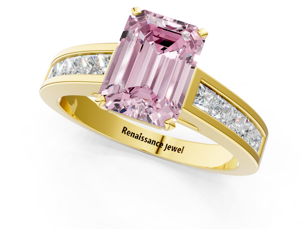 Yellow gold Fancy Pink Emerald  Solitaire Diamond Ring with Channel-Set Band and Four-Prong Setting