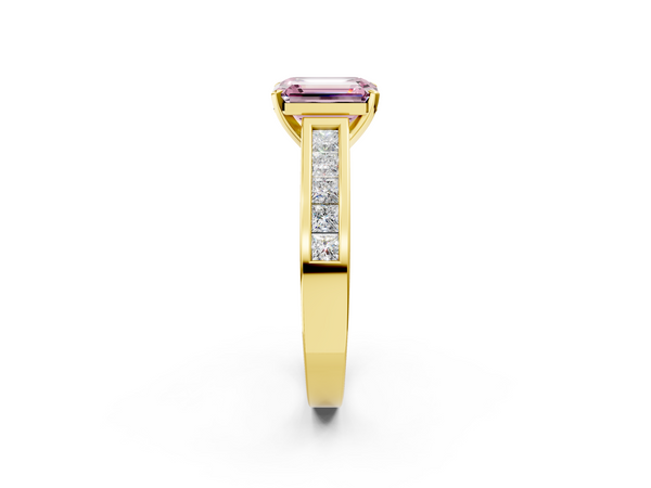 Yellow gold Fancy Pink Emerald  Solitaire Diamond Ring with Channel-Set Band and Four-Prong Setting