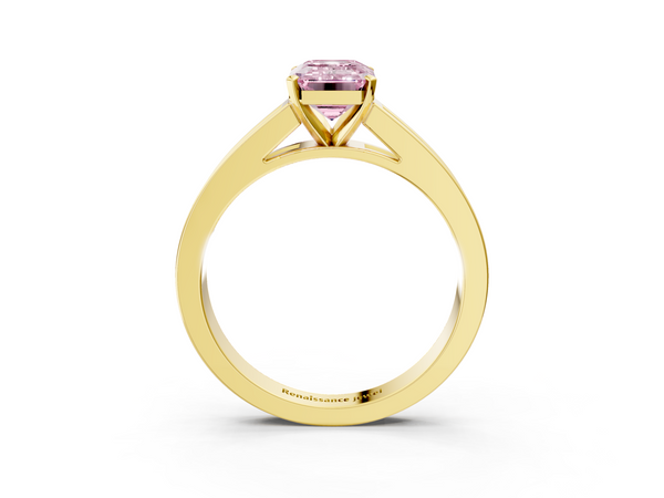 Yellow gold Fancy Pink Emerald  Solitaire Diamond Ring with Channel-Set Band and Four-Prong Setting
