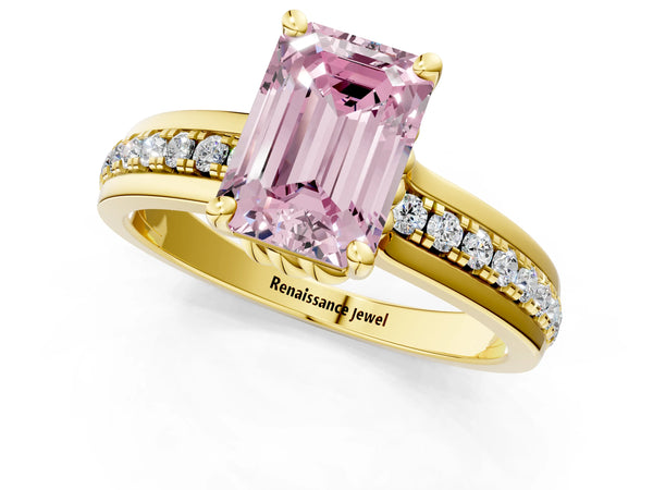 Yellow gold Fancy Pink Emerald  Solitaire Diamond Ring with Channel Set Band and Six-Prong Setting
