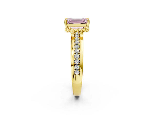 Yellow gold Fancy Pink Emerald  Solitaire Diamond Ring with Channel Set Band and Six-Prong Setting