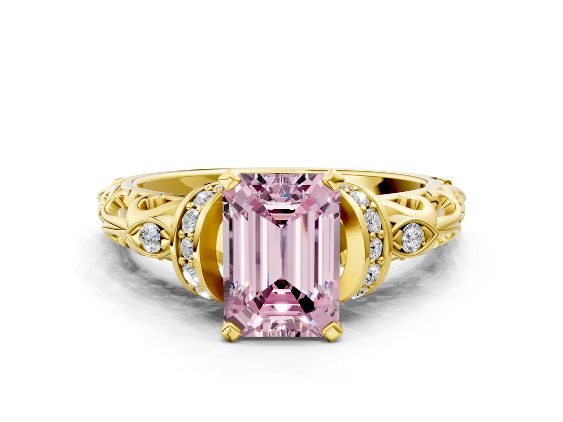 Yellow gold Fancy Pink Emerald  Solitaire Diamond Ring with Filigree Band and Four-Prong Setting_66