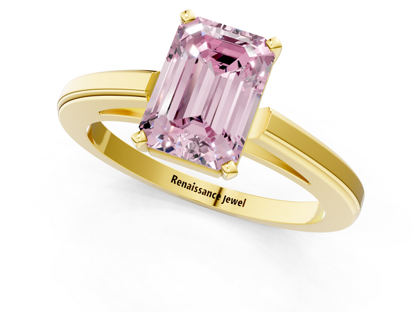 Yellow gold Fancy Pink Emerald  Solitaire Diamond Ring with Four-Prong Setting and Classic Band