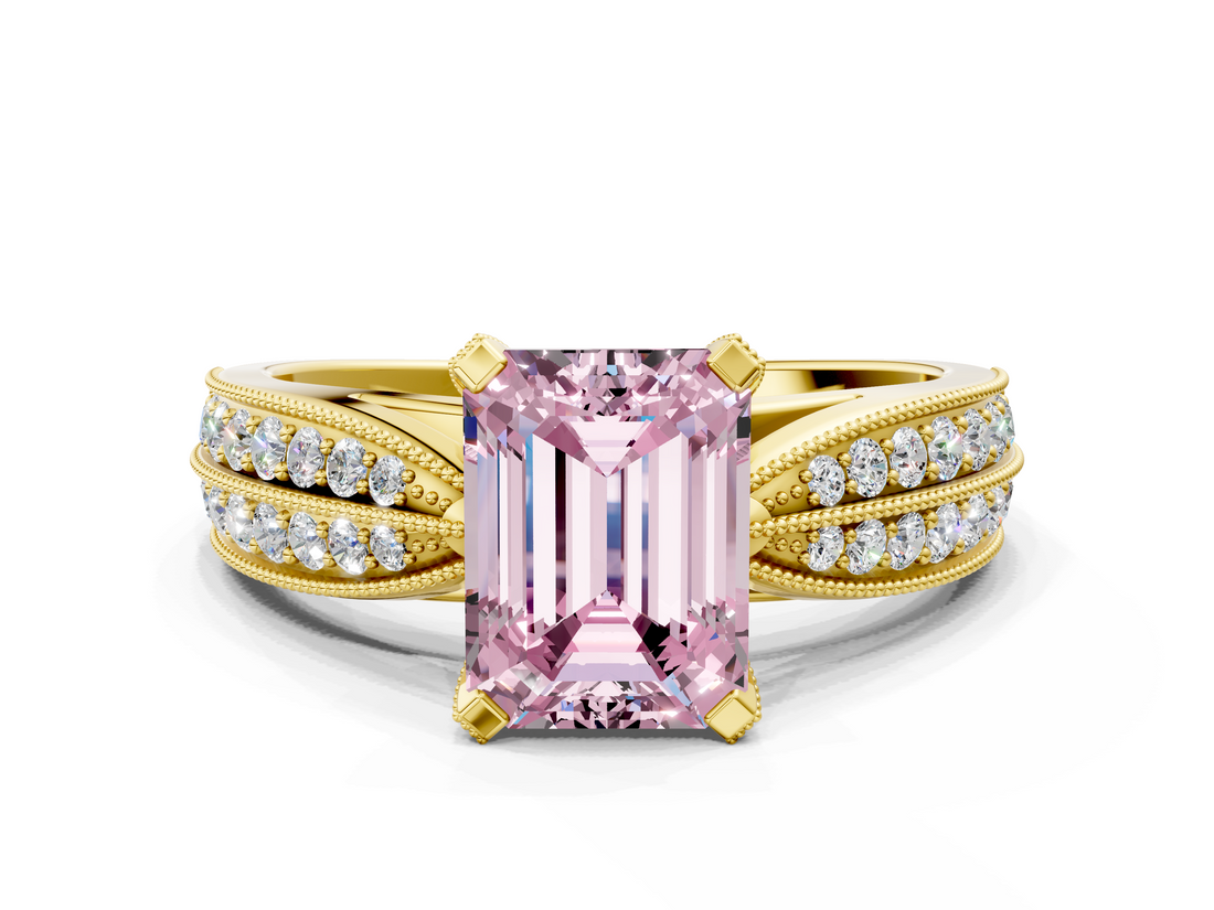 Yellow gold Fancy Pink Emerald  Solitaire Diamond Ring with Milgrain Pavé Band and Four-Prong Setting_37