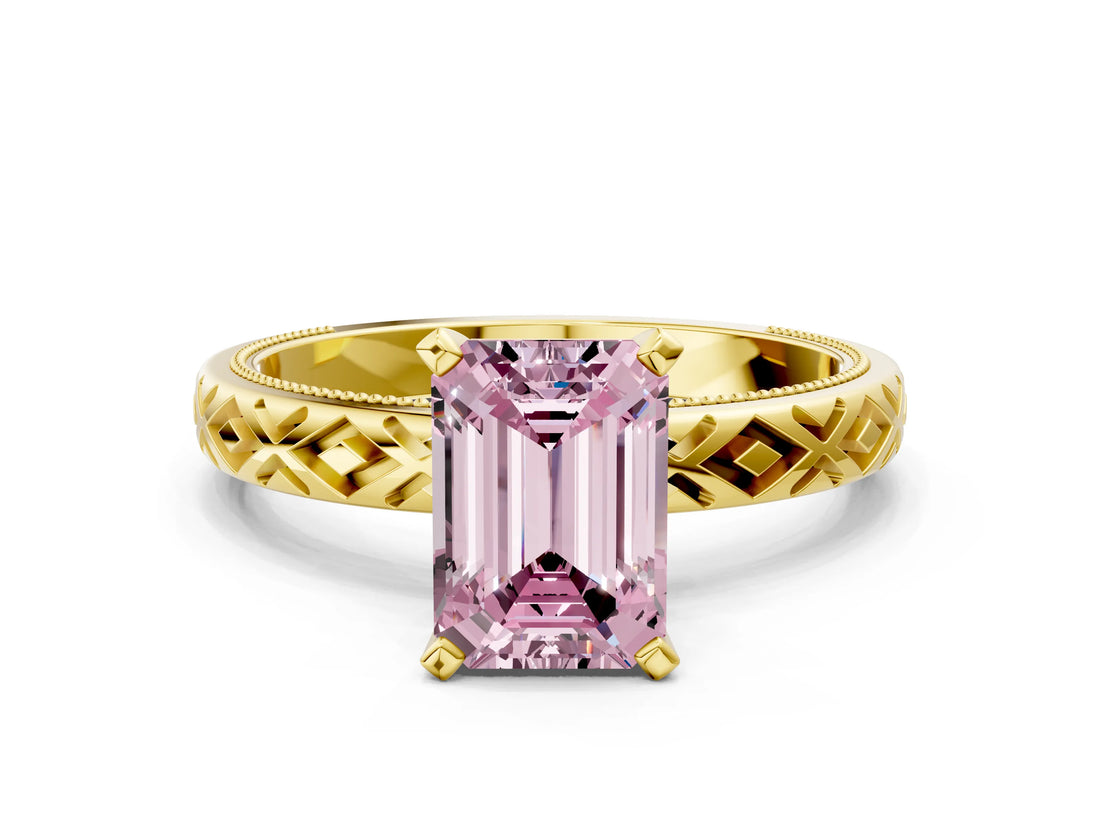 Yellow gold Fancy Pink Emerald  Solitaire Diamond Ring with Milgrain and Black Enamel X Pattern Band_95