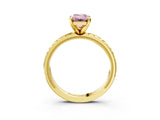 Yellow gold Fancy Pink Emerald  Solitaire Diamond Ring with Milgrain and Black Enamel X Pattern Band_98