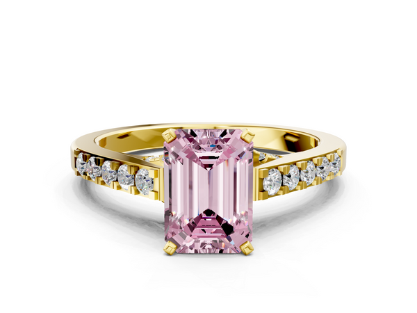 Yellow gold Fancy Pink Emerald  Diamond Solitaire Ring with Pavé Band and Prong Setting