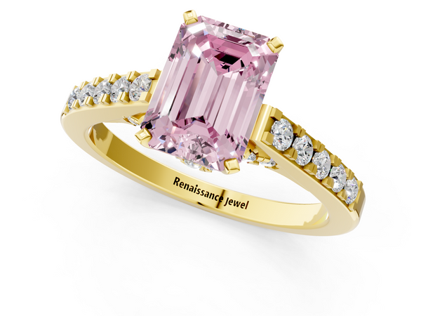 Yellow gold Fancy Pink Emerald  Diamond Solitaire Ring with Pavé Band and Prong Setting