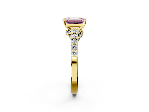 Yellow gold Fancy Pink Emerald  Diamond Solitaire Ring with Pavé Band and Prong Setting