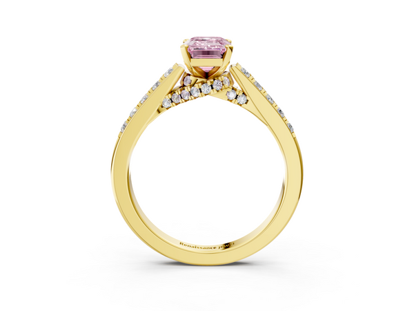 Yellow gold Fancy Pink Emerald  Diamond Solitaire Ring with Pavé Band and Prong Setting