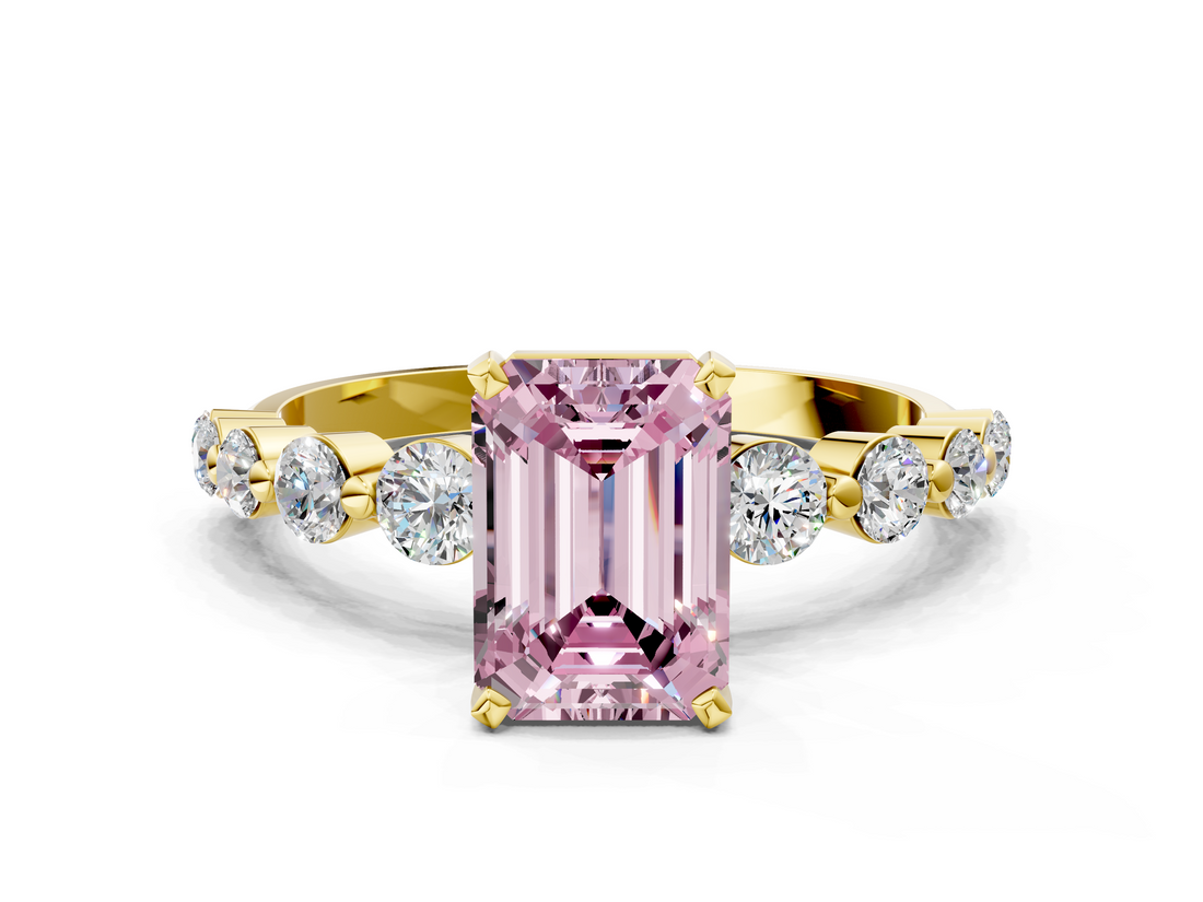 Yellow gold Fancy Pink Emerald  Solitaire Diamond Ring with Pave Band and Four-Prong Setting_265