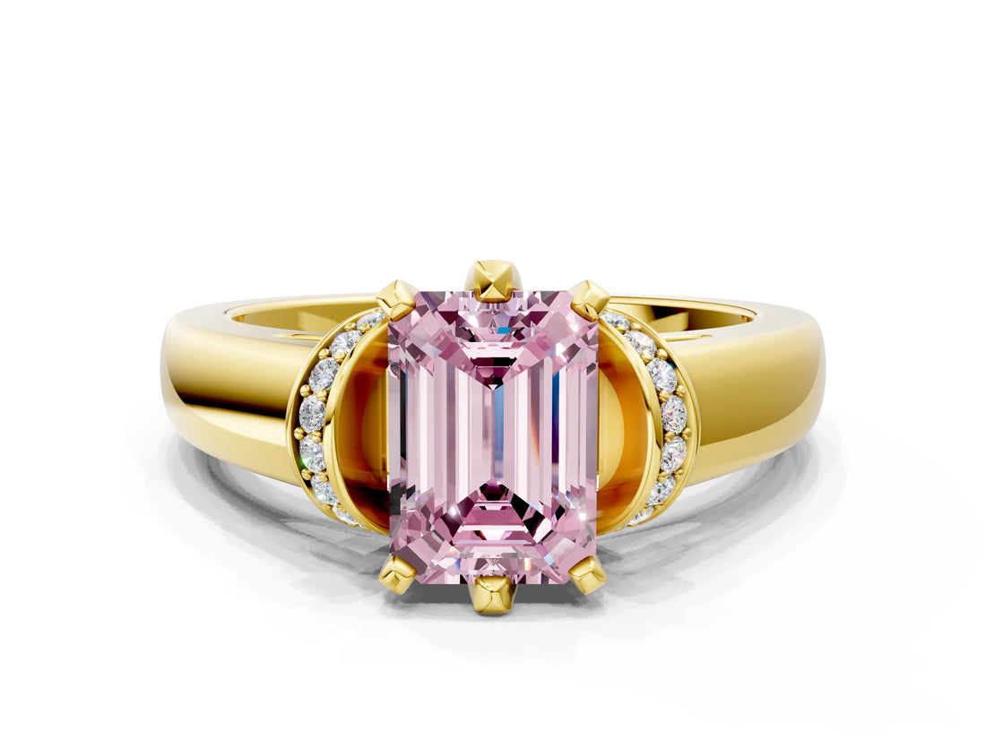 Yellow gold Fancy Pink Emerald  Solitaire Diamond Ring with Pave Band and Six-Prong Setting_32