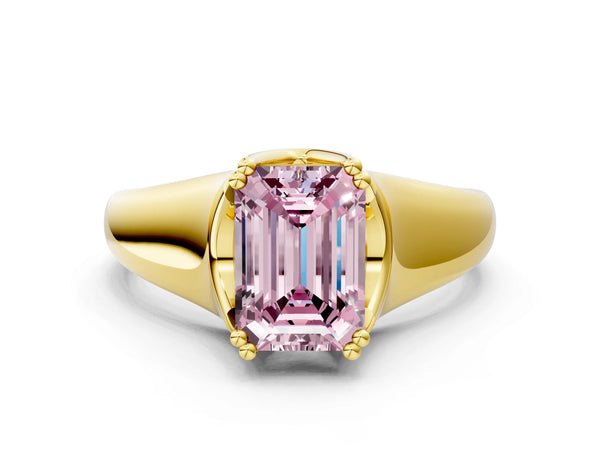 Yellow gold Fancy Pink Emerald Cut Diamond Solitaire Ring with Wide Band and Prong Setting