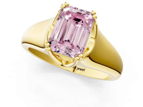 Yellow gold Fancy Pink Emerald Cut Diamond Solitaire Ring with Wide Band and Prong Setting