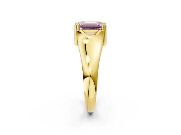 Yellow gold Fancy Pink Emerald Cut Diamond Solitaire Ring with Wide Band and Prong Setting