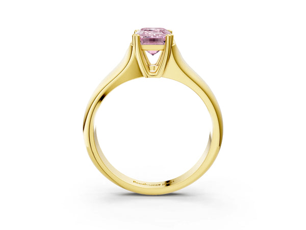 Yellow gold Fancy Pink Emerald Cut Diamond Solitaire Ring with Wide Band and Prong Setting