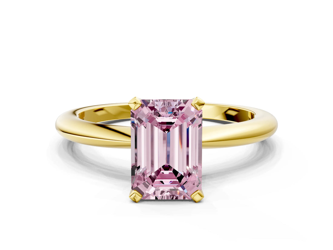 Yellow gold Fancy Pink Emerald  Solitaire Diamond Ring with Six-Prong Setting on a Classic Band