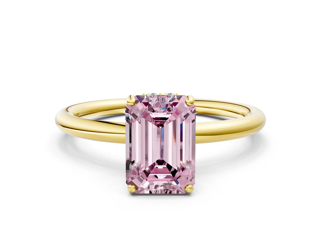 Yellow gold Fancy Pink Emerald  Solitaire Diamond Ring with a Classic Band and Four-Prong Setting