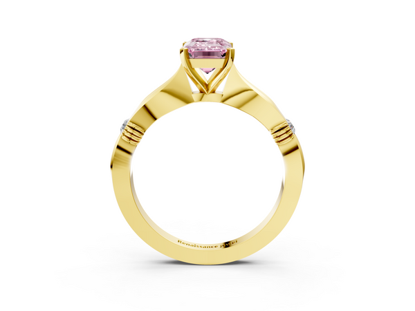 Yellow gold Fancy Pink Emerald  Solitaire Diamond Twisted Band with Four-Prong Setting