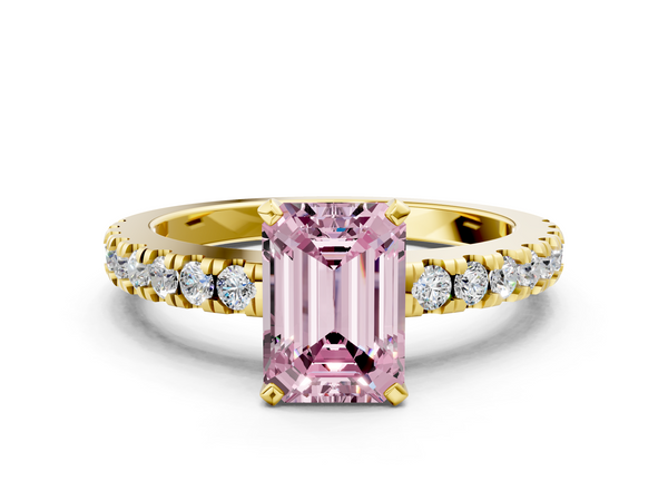 Yellow gold Fancy Pink Emerald Cut Solitaire Diamond with Pavé Band and Four-Prong Setting