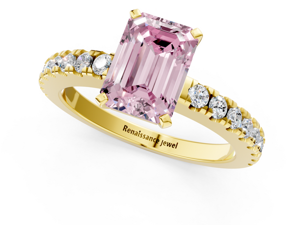 Yellow gold Fancy Pink Emerald Cut Solitaire Diamond with Pavé Band and Four-Prong Setting