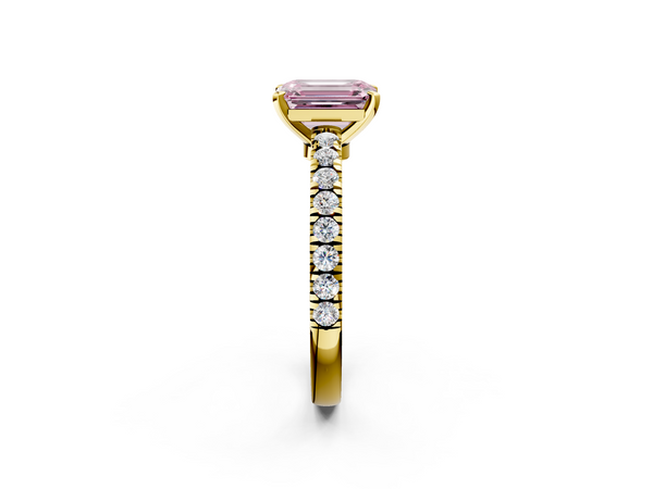 Yellow gold Fancy Pink Emerald Cut Solitaire Diamond with Pavé Band and Four-Prong Setting