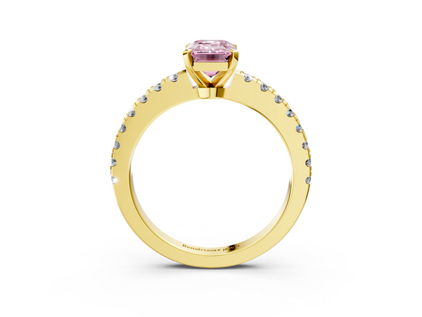 Yellow gold Fancy Pink Emerald Cut Solitaire Diamond with Pavé Band and Four-Prong Setting