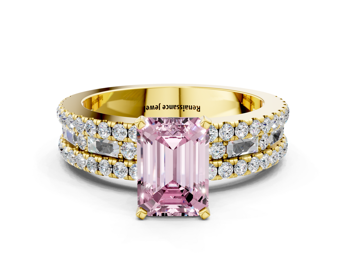 Yellow gold Fancy Pink Emerald  Solitaire Diamond with Pave and Channel Set Band_56