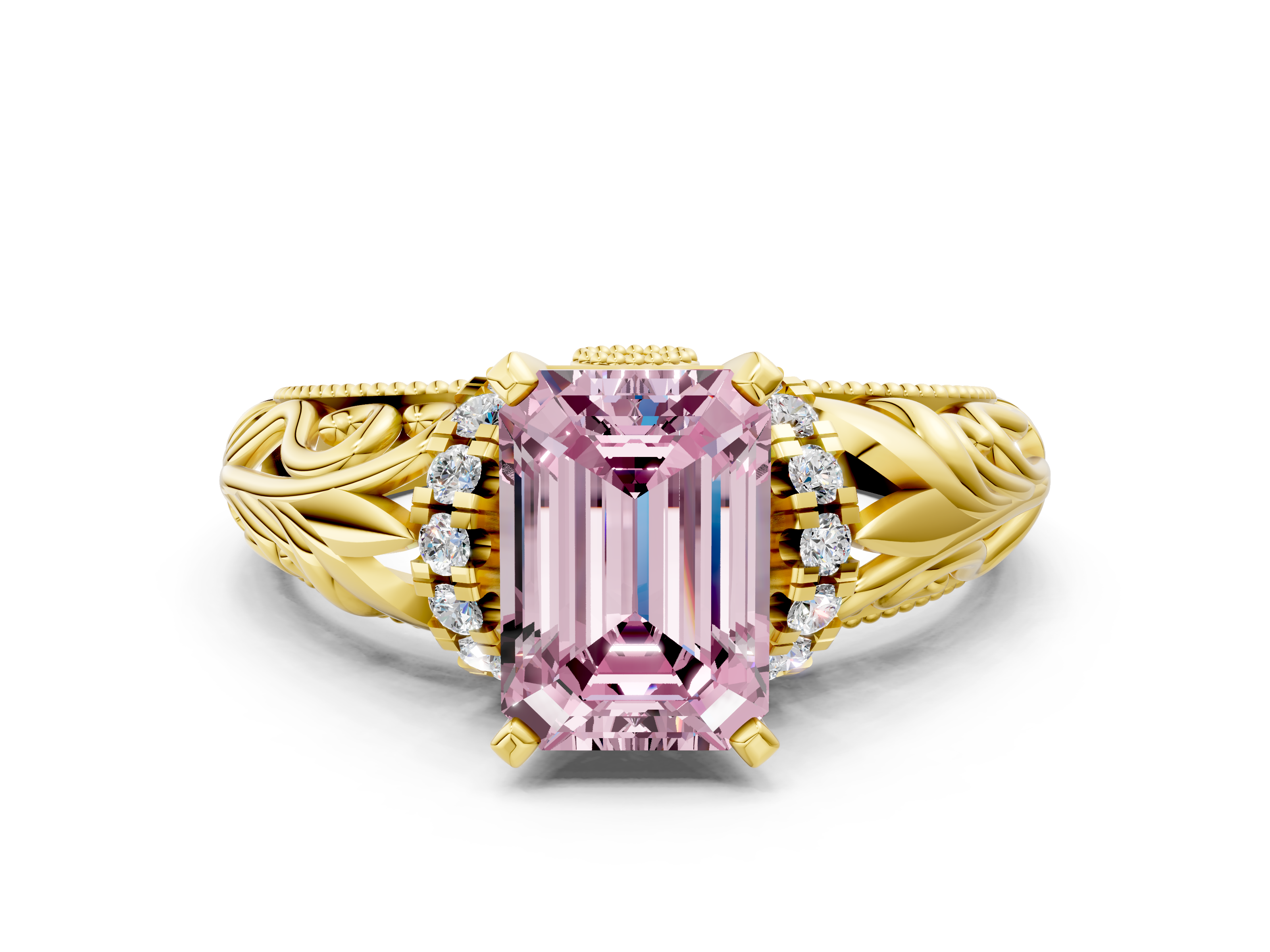 Yellow gold Fancy Pink Emerald  Solitaire Filigree Engagement Ring with Halo and Prong Setting_51