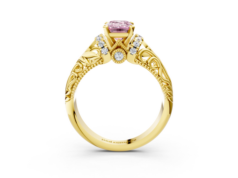 Yellow gold Fancy Pink Emerald  Solitaire Filigree Engagement Ring with Halo and Prong Setting_54