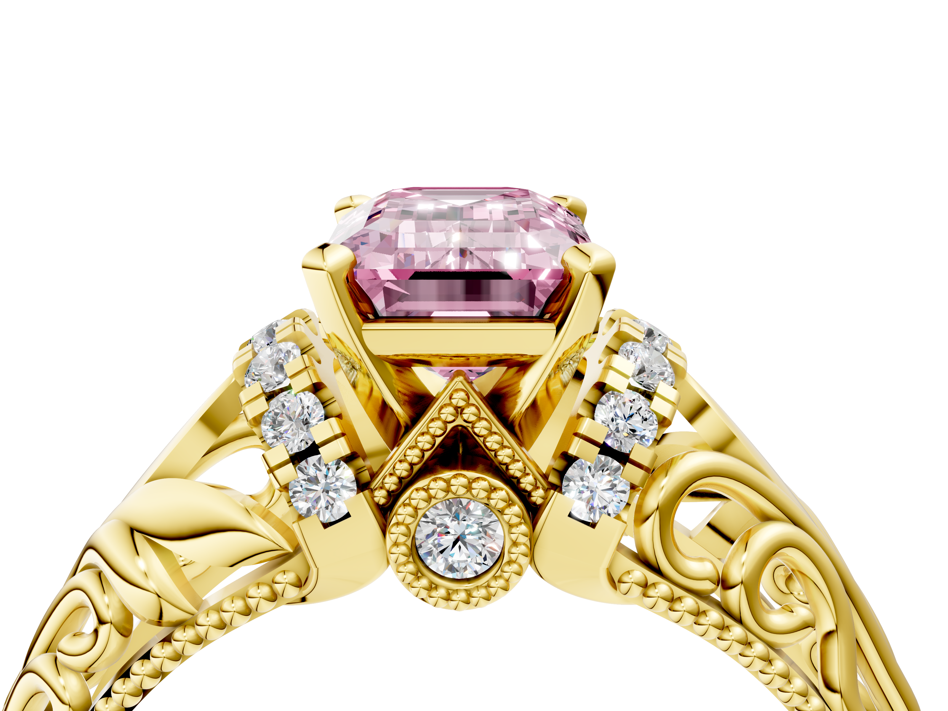 Yellow gold Fancy Pink Emerald  Solitaire Filigree Engagement Ring with Halo and Prong Setting_55