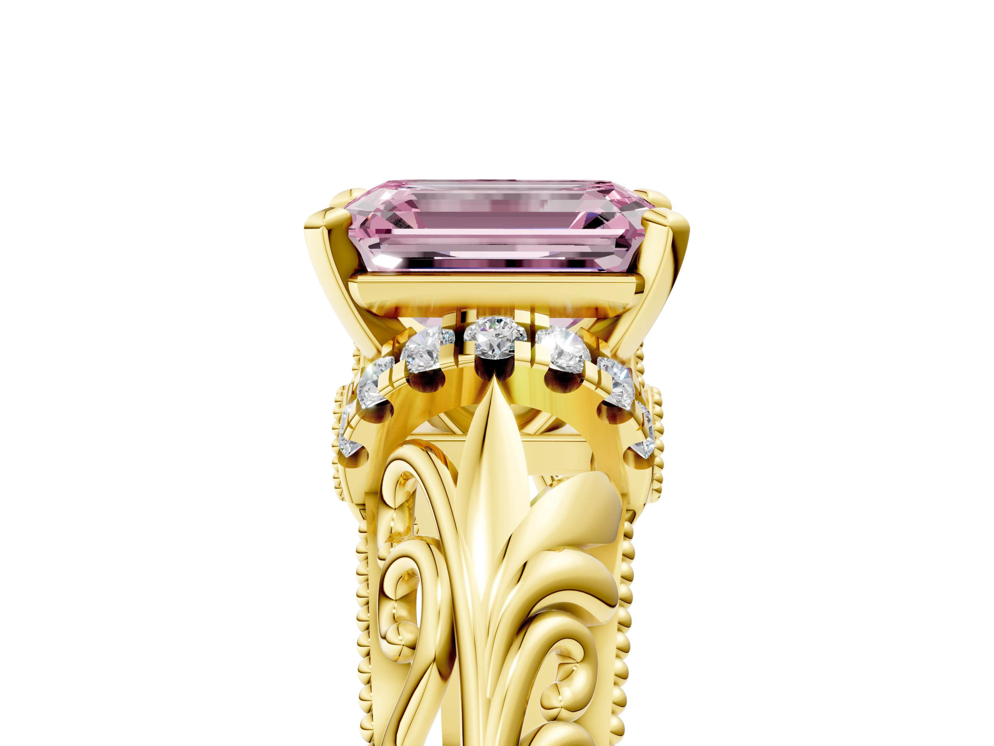 Yellow gold Fancy Pink Emerald  Solitaire Filigree Engagement Ring with Halo and Prong Setting_56