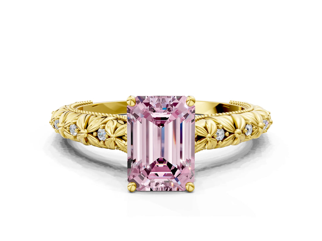 Yellow gold Fancy Pink Emerald  Solitaire Floral Milgrain Engagement Ring_54