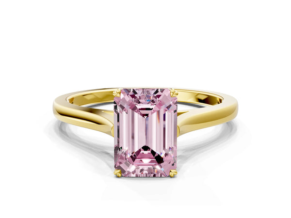 Yellow gold Fancy Pink Emerald  Solitaire Heart Prong Engagement Ring with Tapered Band