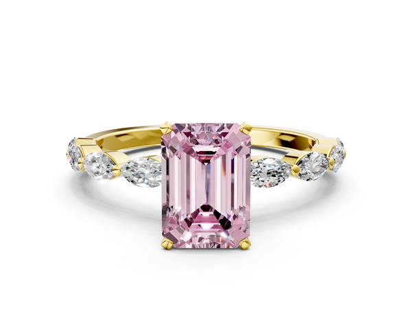 Yellow gold Fancy Pink Emerald Cut Diamond Ring with Marquise Side Stones and Prong Setting