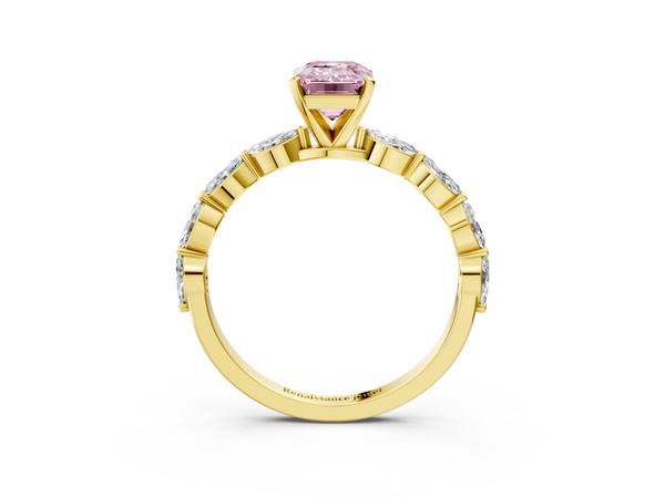 Yellow gold Fancy Pink Emerald Cut Diamond Ring with Marquise Side Stones and Prong Setting