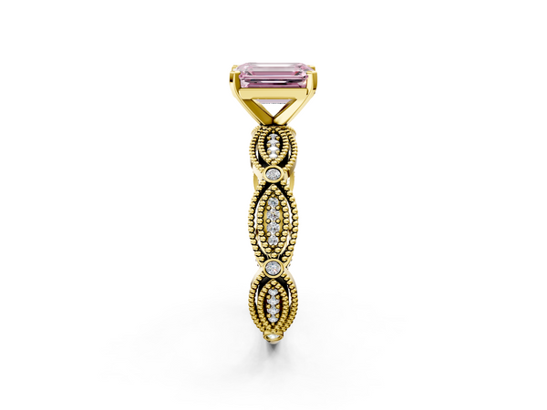 Yellow gold Fancy Pink Emerald  Solitaire Milgrain Diamond Engagement Ring with Bezel and Marquise Band
