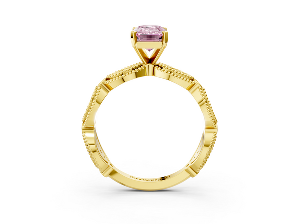 Yellow gold Fancy Pink Emerald  Solitaire Milgrain Diamond Engagement Ring with Bezel and Marquise Band