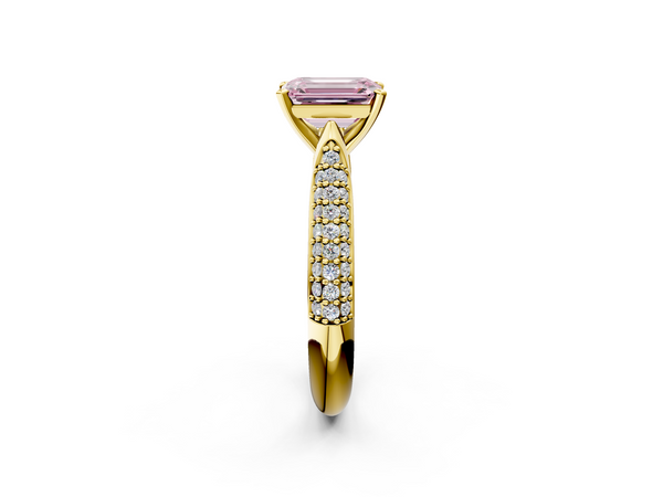 Yellow gold Fancy Pink Emerald  Diamond Solitaire Engagement Ring with Pavé Band and Four-Prong Setting